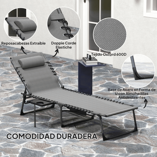 Outsunny Espreguiçadeira Dobrável Espreguiçadeira Jardim com Encosto Ajustável Apoio de Cabeça Bolsa Lateral Bandeja e Estrutura de Aço Carga 120 kg para Terraço Piscina Praia 190x60x31 cm Cinza