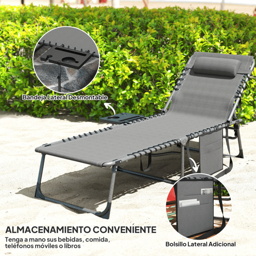 Outsunny Espreguiçadeira Dobrável Espreguiçadeira Jardim com Encosto Ajustável Apoio de Cabeça Bolsa Lateral Bandeja e Estrutura de Aço Carga 120 kg para Terraço Piscina Praia 190x60x31 cm Cinza