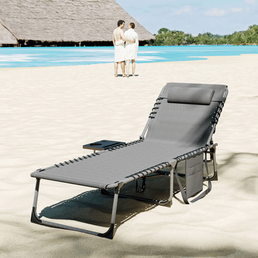 Outsunny Espreguiçadeira Dobrável Espreguiçadeira Jardim com Encosto Ajustável Apoio de Cabeça Bolsa Lateral Bandeja e Estrutura de Aço Carga 120 kg para Terraço Piscina Praia 190x60x31 cm Cinza