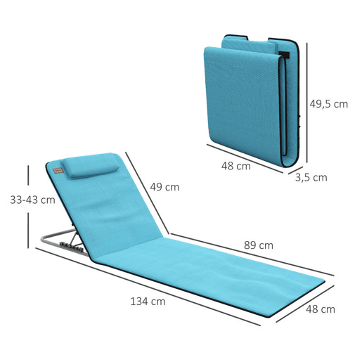 Outsunny Conjunto de 2 Esteiras de Praia com Encosto Reclinável em 5 Níveis Bolsa de Transporte e Apoio de Cabeça 48x134x33-43 cm Azul