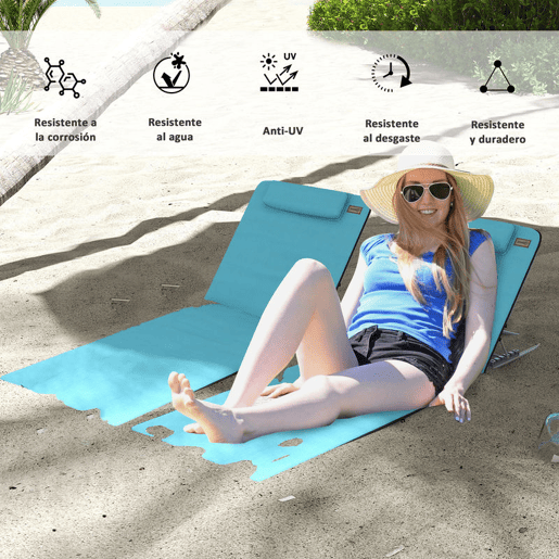 Outsunny Conjunto de 2 Esteiras de Praia com Encosto Reclinável em 5 Níveis Bolsa de Transporte e Apoio de Cabeça 48x134x33-43 cm Azul