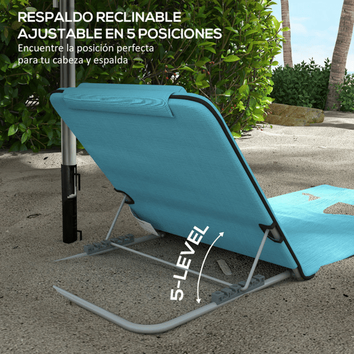 Outsunny Conjunto de 2 Esteiras de Praia com Encosto Reclinável em 5 Níveis Bolsa de Transporte e Apoio de Cabeça 48x134x33-43 cm Azul