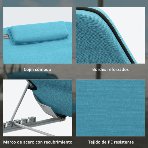 Outsunny Conjunto de 2 Esteiras de Praia com Encosto Reclinável em 5 Níveis Bolsa de Transporte e Apoio de Cabeça 48x134x33-43 cm Azul