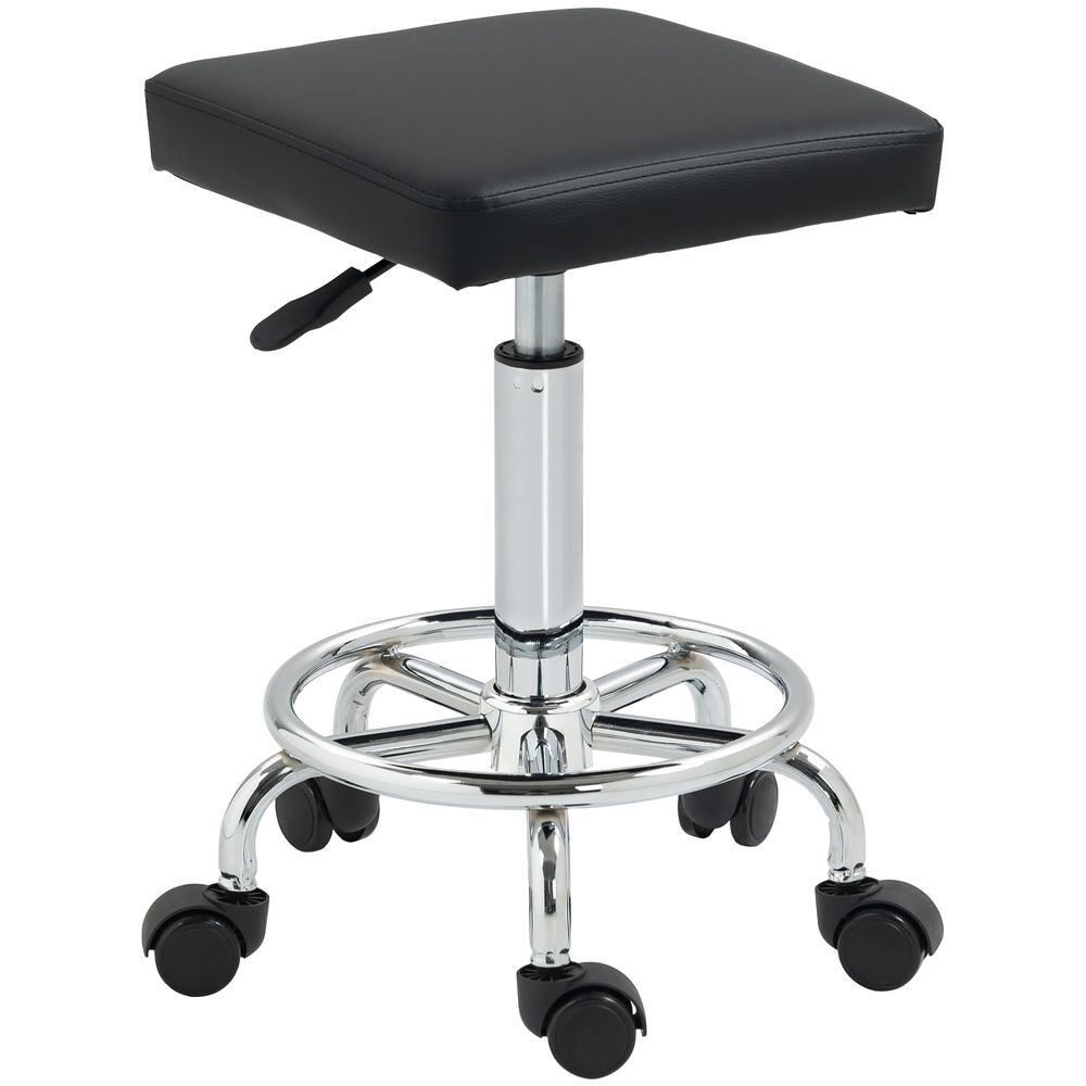 Homcom taburete giratorio taburete con ruedas altura regulable 50-66 cm asiento tapizado de cuero sintético reposapiés para salones y talleres negro