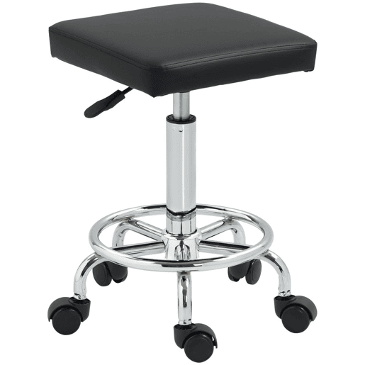 HOMCOM Banco Giratório Banco com Rodas Altura Regulável 50-66 cm Assento Estofado em Imitação de Couro Descanso para os Pés para Salões e Oficinas 34x34x50-66 cm Preto