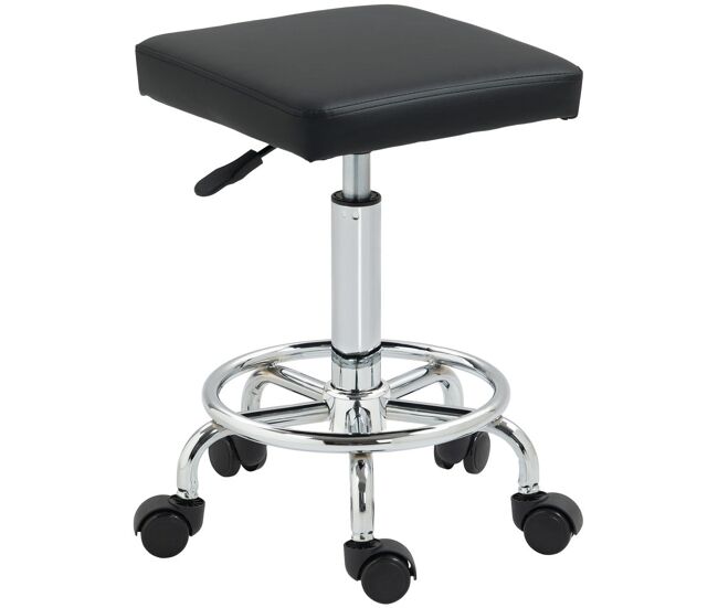 Homcom taburete giratorio taburete con ruedas altura regulable 50-66 cm asiento tapizado de cuero sintético reposapiés para salones y talleres negro
