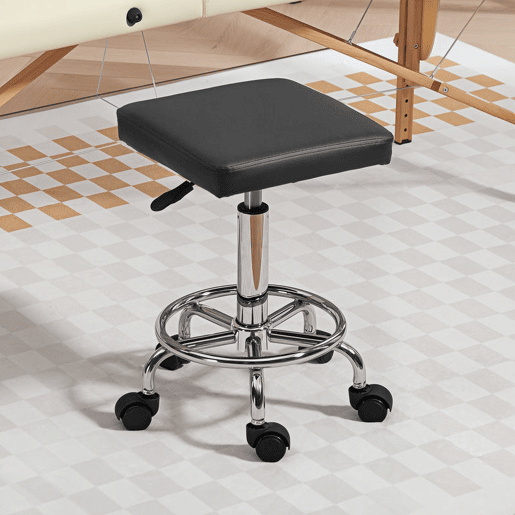 HOMCOM Banco Giratório Banco com Rodas Altura Regulável 50-66 cm Assento Estofado em Imitação de Couro Descanso para os Pés para Salões e Oficinas 34x34x50-66 cm Preto