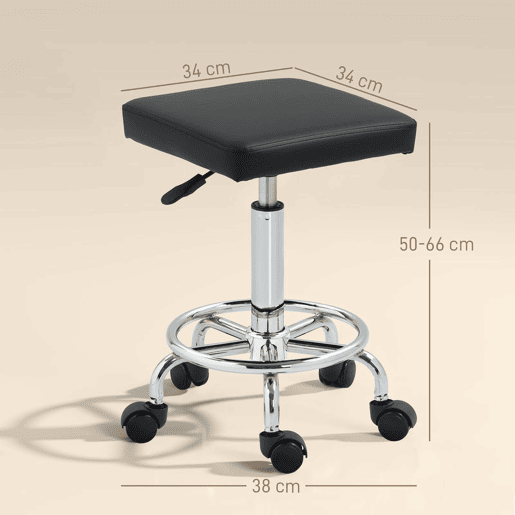 HOMCOM Banco Giratório Banco com Rodas Altura Regulável 50-66 cm Assento Estofado em Imitação de Couro Descanso para os Pés para Salões e Oficinas 34x34x50-66 cm Preto