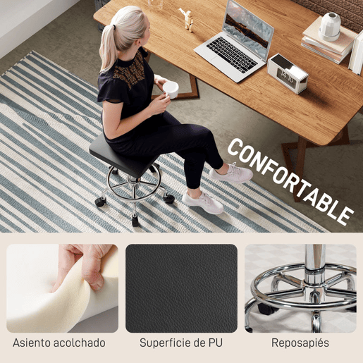 HOMCOM Banco Giratório Banco com Rodas Altura Regulável 50-66 cm Assento Estofado em Imitação de Couro Descanso para os Pés para Salões e Oficinas 34x34x50-66 cm Preto