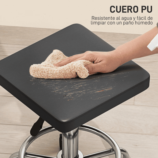 HOMCOM Banco Giratório Banco com Rodas Altura Regulável 50-66 cm Assento Estofado em Imitação de Couro Descanso para os Pés para Salões e Oficinas 34x34x50-66 cm Preto