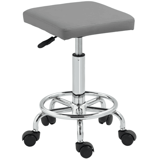HOMCOM Banco Giratório Banco com Rodas Altura Regulável 50-66 cm Assento Estofado em Imitação de Couro Descanso para os Pés para Salões e Oficinas 34x34x50-66 cm Cinzento