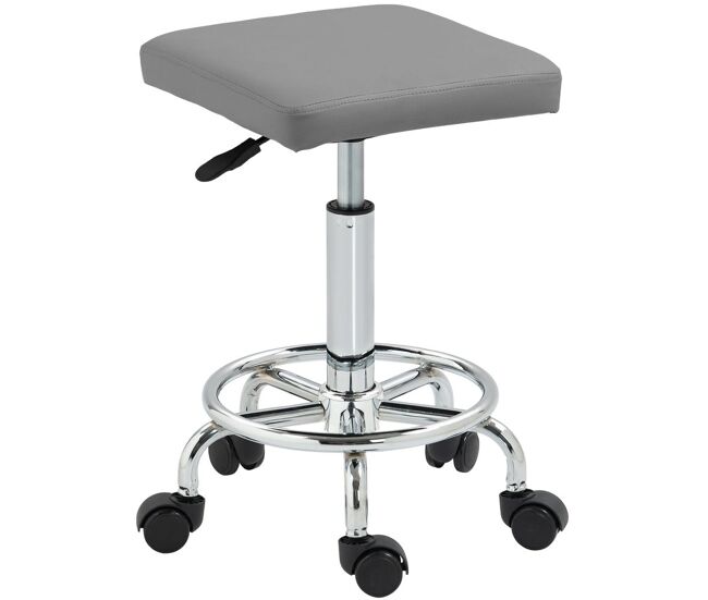 Homcom taburete giratorio taburete con ruedas altura regulable 50-66 cm asiento tapizado de cuero sintético reposapiés para salones y talleres gris