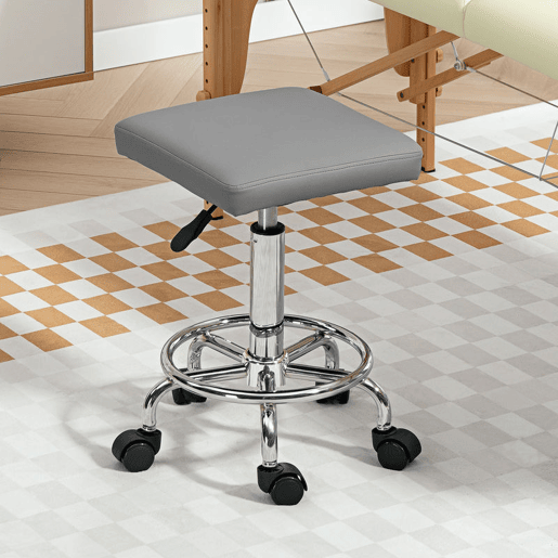 HOMCOM Banco Giratório Banco com Rodas Altura Regulável 50-66 cm Assento Estofado em Imitação de Couro Descanso para os Pés para Salões e Oficinas 34x34x50-66 cm Cinzento