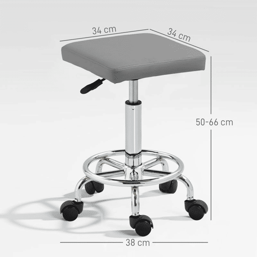 HOMCOM Banco Giratório Banco com Rodas Altura Regulável 50-66 cm Assento Estofado em Imitação de Couro Descanso para os Pés para Salões e Oficinas 34x34x50-66 cm Cinzento