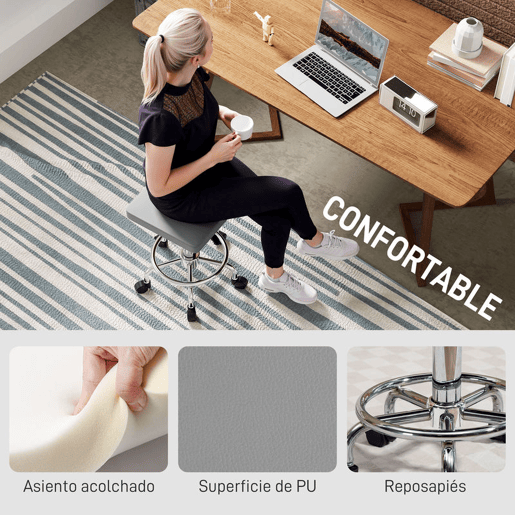 HOMCOM Banco Giratório Banco com Rodas Altura Regulável 50-66 cm Assento Estofado em Imitação de Couro Descanso para os Pés para Salões e Oficinas 34x34x50-66 cm Cinzento
