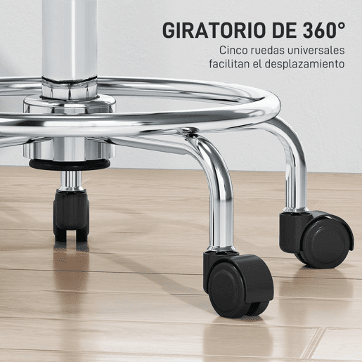 HOMCOM Banco Giratório Banco com Rodas Altura Regulável 50-66 cm Assento Estofado em Imitação de Couro Descanso para os Pés para Salões e Oficinas 34x34x50-66 cm Cinzento