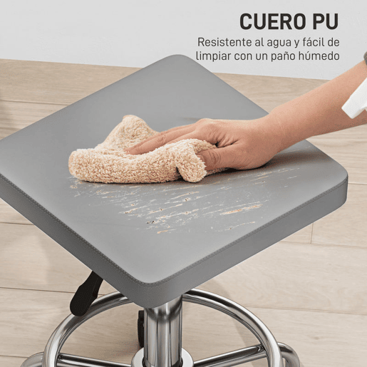 HOMCOM Banco Giratório Banco com Rodas Altura Regulável 50-66 cm Assento Estofado em Imitação de Couro Descanso para os Pés para Salões e Oficinas 34x34x50-66 cm Cinzento