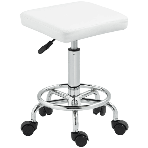 HOMCOM Banco Giratório Banco com Rodas Altura Regulável 50-66 cm Assento Estofado em Imitação de Couro Descanso para os Pés para Salões e Oficinas 34x34x50-66 cm Branco