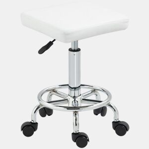 HOMCOM Banco Giratório Banco com Rodas Altura Regulável 50-66 cm Assento Estofado em Imitação de Couro Descanso para os Pés para Salões e Oficinas 34x34x50-66 cm Branco