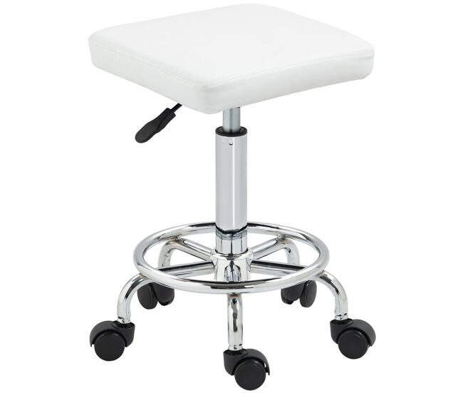 Homcom taburete giratorio taburete con ruedas altura regulable 50-66 cm asiento tapizado de cuero sintético reposapiés para salones y talleres blanco