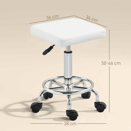 HOMCOM Banco Giratório Banco com Rodas Altura Regulável 50-66 cm Assento Estofado em Imitação de Couro Descanso para os Pés para Salões e Oficinas 34x34x50-66 cm Branco