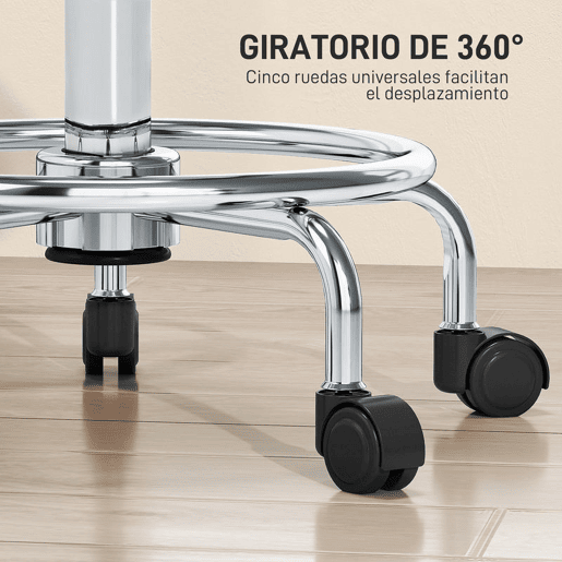 HOMCOM Banco Giratório Banco com Rodas Altura Regulável 50-66 cm Assento Estofado em Imitação de Couro Descanso para os Pés para Salões e Oficinas 34x34x50-66 cm Branco