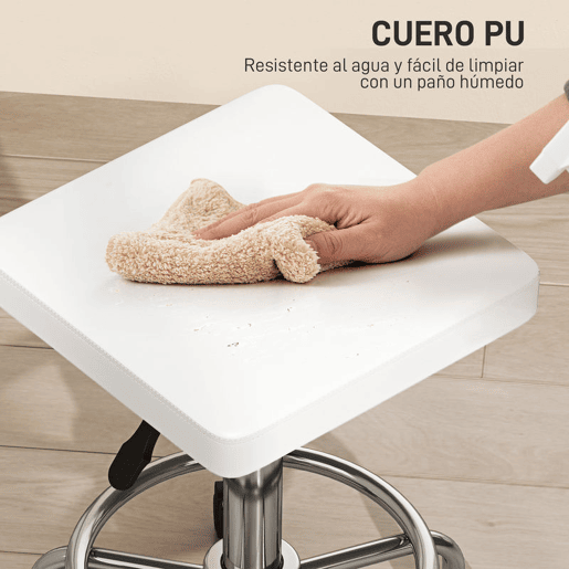 HOMCOM Banco Giratório Banco com Rodas Altura Regulável 50-66 cm Assento Estofado em Imitação de Couro Descanso para os Pés para Salões e Oficinas 34x34x50-66 cm Branco