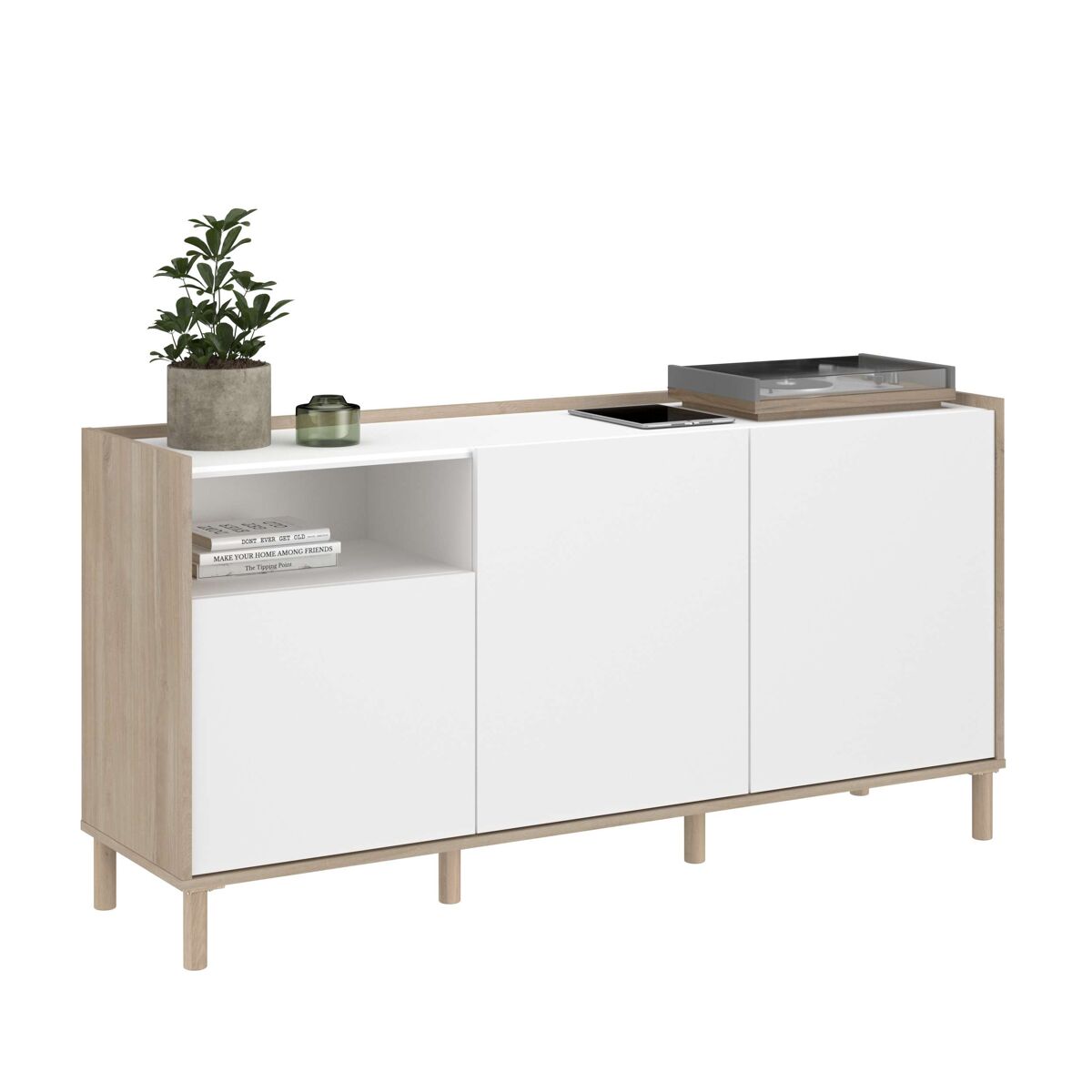 Aparador azzaro salón comedor estilo nórdico en color roble japonés y blanco  con 3 puertas y 1 hueco abierto 150x75x40 cm