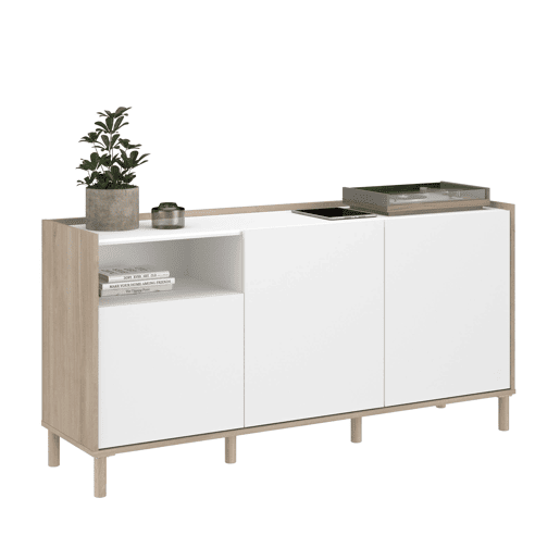Aparador para sala de estar e jantar estilo nórdico Azzaro em carvalho japonês e branco com 3 portas e 1 espaço aberto 150x75x40 cm