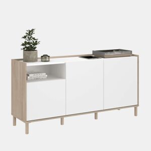 Aparador para sala de estar e jantar estilo nórdico Azzaro em carvalho japonês e branco com 3 portas e 1 espaço aberto 150x75x40 cm