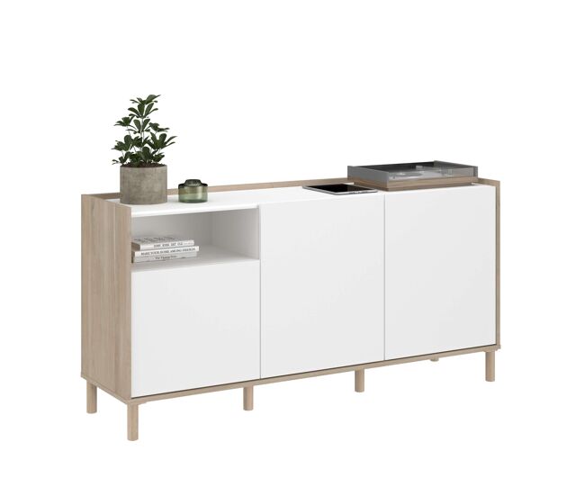 Aparador azzaro salón comedor estilo nórdico en color roble japonés y blanco con 3 puertas y 1 hueco abierto 150x75x40 cm