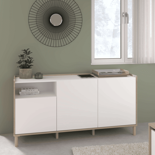 Aparador para sala de estar e jantar estilo nórdico Azzaro em carvalho japonês e branco com 3 portas e 1 espaço aberto 150x75x40 cm