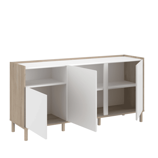 Aparador para sala de estar e jantar estilo nórdico Azzaro em carvalho japonês e branco com 3 portas e 1 espaço aberto 150x75x40 cm