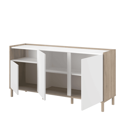 Aparador para sala de estar e jantar estilo nórdico Azzaro em carvalho japonês e branco com 3 portas e 1 espaço aberto 150x75x40 cm