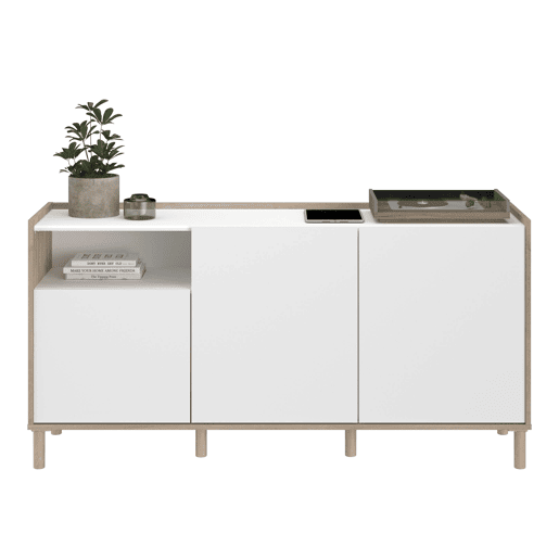 Aparador para sala de estar e jantar estilo nórdico Azzaro em carvalho japonês e branco com 3 portas e 1 espaço aberto 150x75x40 cm