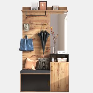 Móvel de entrada de mdf com 2 portas,espelho,sapateira e bengaleiro,preto+madeira