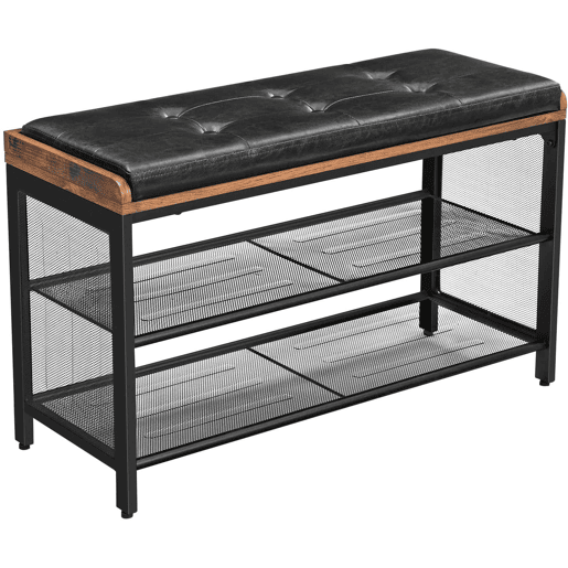 Banco para sapatos Banco estofado com prateleiras de malha armazenamento de sapatos corredor entrada economia de espaço metal industrial sintético 80 cm preto marrom rústico 12_0000209 Banco para sapatos Banco estofado com prateleiras de malha armazenamento de sapatos corredor entrada economia de espaço metal industrial sintético 80 cm preto marrom rústico 12_0000209