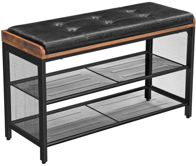 Banco zapatero Banco tapizado con estantes de malla Almacenamiento de zapatos Pasillo Entrada Ahorro de espacio Metal industrial sintético 80 cm Negro Marrón Rústico 12_0000209