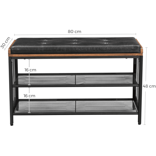 Banco para sapatos Banco estofado com prateleiras de malha armazenamento de sapatos corredor entrada economia de espaço metal industrial sintético 80 cm preto marrom rústico 12_0000209 Banco para sapatos Banco estofado com prateleiras de malha armazenamento de sapatos corredor entrada economia de espaço metal industrial sintético 80 cm preto marrom rústico 12_0000209