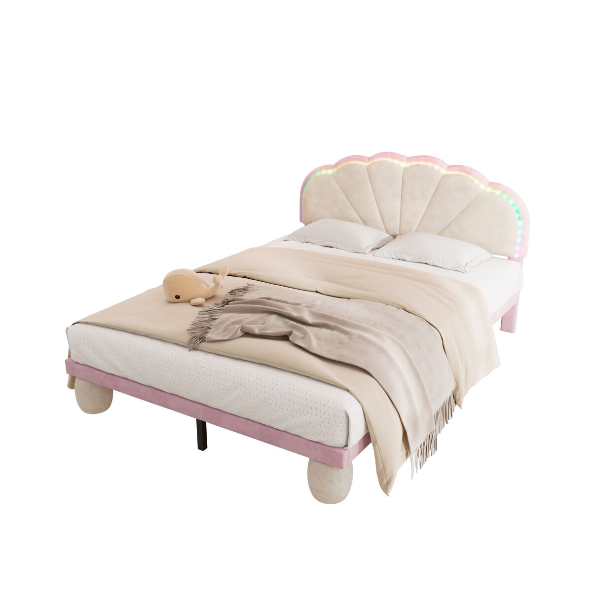 Cama infantil,cama doble de terciopelo 140x200cm con cabecero festoneado y patas redondas tapizadas,rosa
