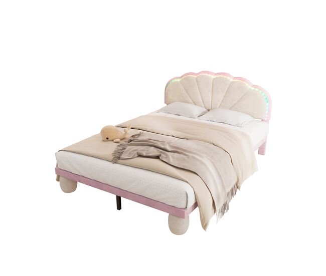 Cama infantil,cama doble de terciopelo 140x200cm con cabecero festoneado y patas redondas tapizadas,rosa