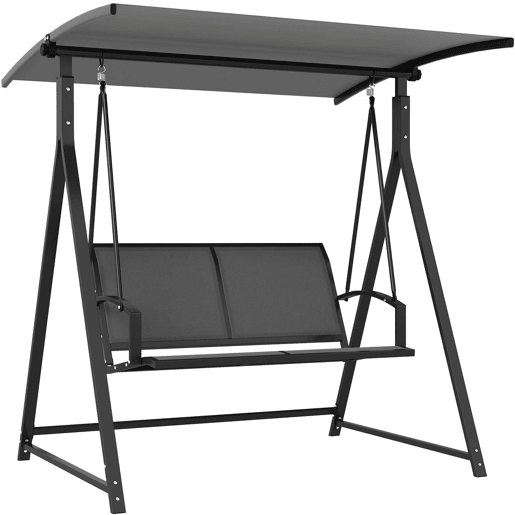 Outsunny Baloiço de Jardim de 2 Lugares Baloiço de Exterior com Toldo Ajustável 90° Proteção UV 30+ e Estrutura Triangular de Metal Carga 220 kg 160x112x162 cm Cinzento Escuro