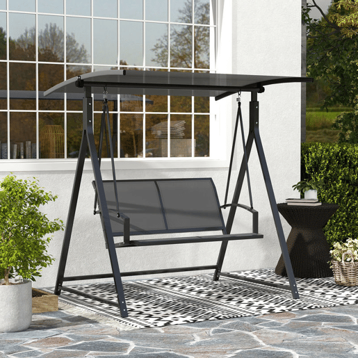 Outsunny Baloiço de Jardim de 2 Lugares Baloiço de Exterior com Toldo Ajustável 90° Proteção UV 30+ e Estrutura Triangular de Metal Carga 220 kg 160x112x162 cm Cinzento Escuro