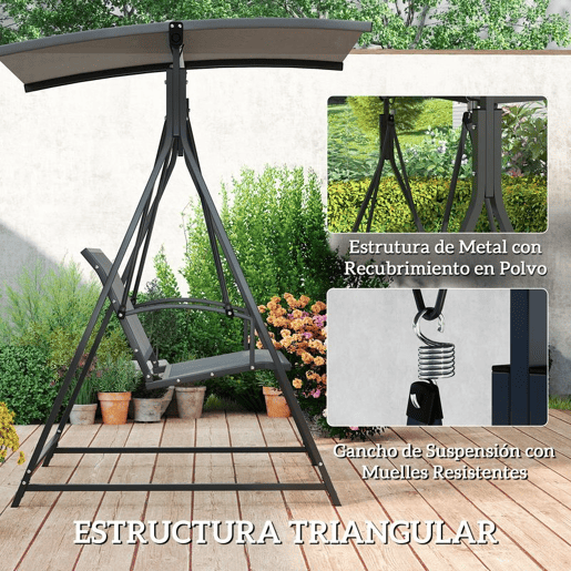 Outsunny Baloiço de Jardim de 2 Lugares Baloiço de Exterior com Toldo Ajustável 90° Proteção UV 30+ e Estrutura Triangular de Metal Carga 220 kg 160x112x162 cm Cinzento Escuro