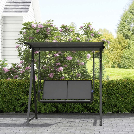 Outsunny Baloiço de Jardim de 2 Lugares Baloiço de Exterior com Toldo Ajustável 90° Proteção UV 30+ e Estrutura Triangular de Metal Carga 220 kg 160x112x162 cm Cinzento Escuro