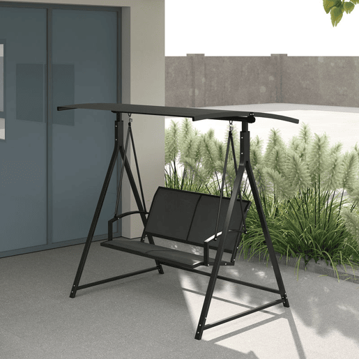 Outsunny Baloiço de Jardim de 2 Lugares Baloiço de Exterior com Toldo Ajustável 90° Proteção UV 30+ e Estrutura Triangular de Metal Carga 220 kg 160x112x162 cm Cinzento Escuro