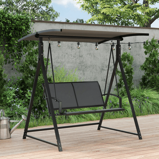 Outsunny Baloiço de Jardim de 2 Lugares Baloiço de Exterior com Toldo Ajustável 90° Proteção UV 30+ e Estrutura Triangular de Metal Carga 220 kg 160x112x162 cm Cinzento Escuro