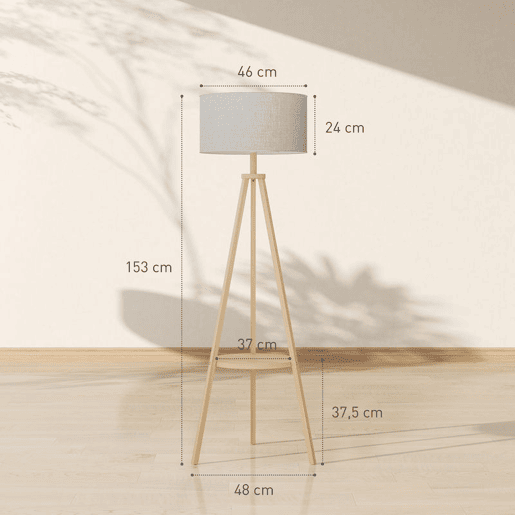HOMCOM Candeeiro de Pé com Tripé com Estrutura em Madeira e Ecrã Similar ao Linho com Prateleira Incorporada 48x48x153 cm Madeira e Cinzento