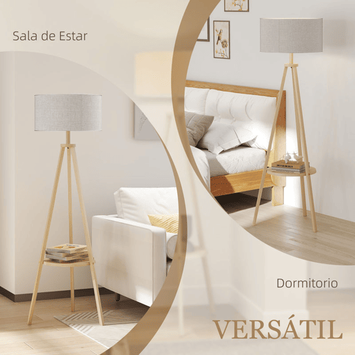 HOMCOM Candeeiro de Pé com Tripé com Estrutura em Madeira e Ecrã Similar ao Linho com Prateleira Incorporada 48x48x153 cm Madeira e Cinzento