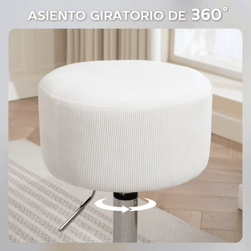 HOMCOM Banco de Bar Giratório Banco Alta de Cozinha Ajustável em Altura 52-66 cm Estofado em Veludo Giratória a 360° para Sala de Jantar Tocador Balcão Branco